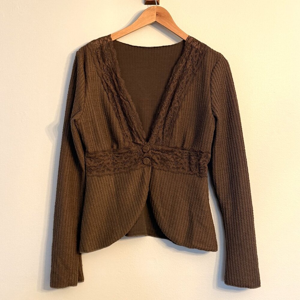 Easelle Lace Patchwork Brown Long Sleeve Button up Bohemian Blouse